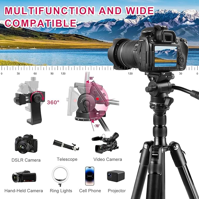 Professional Video Tripod, 68" Camera Tripod Monopod with Fluid Head, Aluminum Heavy Duty Tripod with Carry Bag, Compatible with Canon Nikon Sony and Camcorder, Extra QR Plate and Cellphone Holder