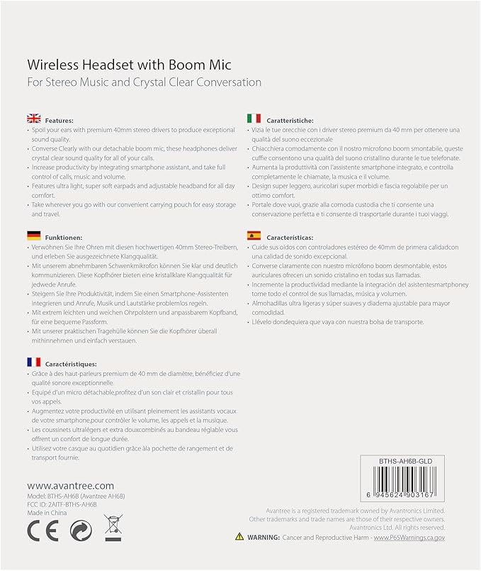 Avantree AH6B - Bluetooth On Ear Headphones with Detachable Mic for Work in Office or at Home, Premium Sound, Soft Padding, Lightweight, Wireless & Wired Headset for Phone PC Laptop, Champaign Gold