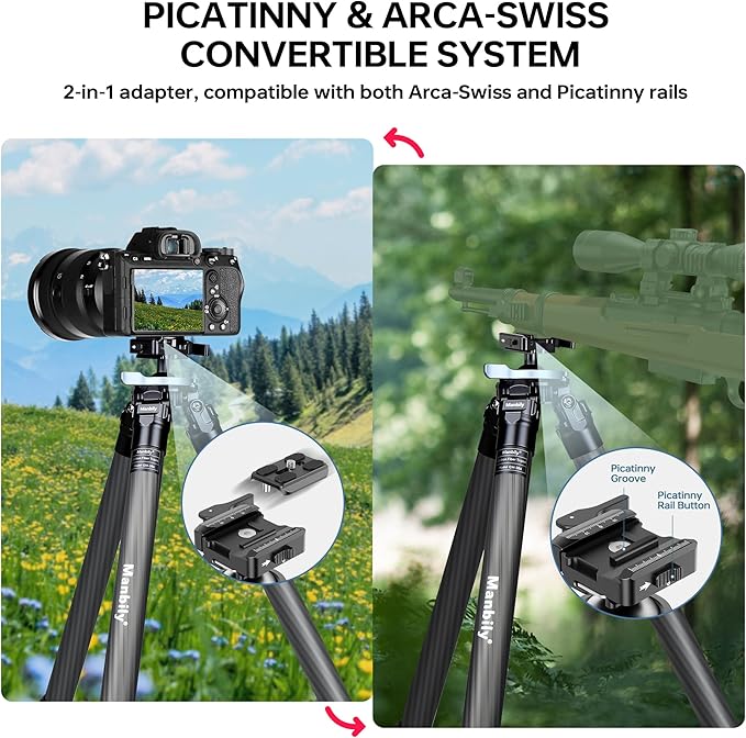 Manbily Shooting Tripod, Carbon Fiber Hunting Tripod with 36mm Legs and 45mm Ball Head, Picatinny to Arca Swiss Adapters, Max Load 44lbs (QM-364PA-Black)
