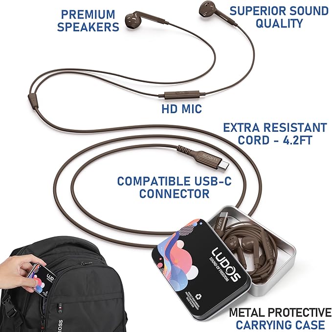 LUDOS FEROX USB C Headphones for iPhone 16 15 Pro Max Plus iPad Pro, 5 Years Warranty, Magnetic USB-C Earbuds for Samsung Galaxy S24 S23 Ultra S22 S21 S20 A55 A54 A53, USB Type C Earphones - Brown