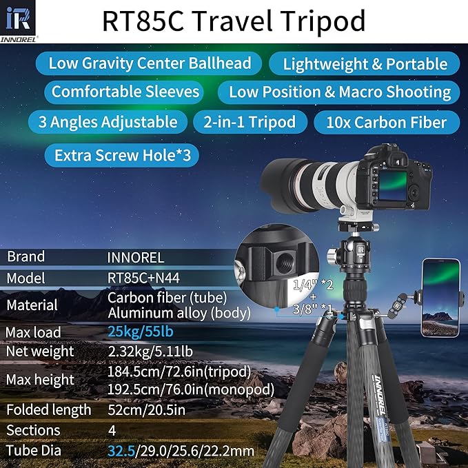 Carbon Fiber Tripod-INNOREL RT85C Super Professional Tripod Monopod Heavy Duty Stand Support Low Gravity Center 360°Panoramic ballhead for Digital DSLR Camera Black