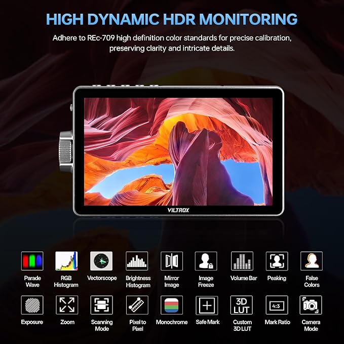 VILTROX DC-A1 2800 Nit Camera Monitor, 7 inch HD 1920x1080 IPS Touch Screen Camera Field Monitor with 4K HDMI 2.0 in/Out, 3D LUT, Focus Peaking, Video Assist, HDR Full Waveform, F550 Battery
