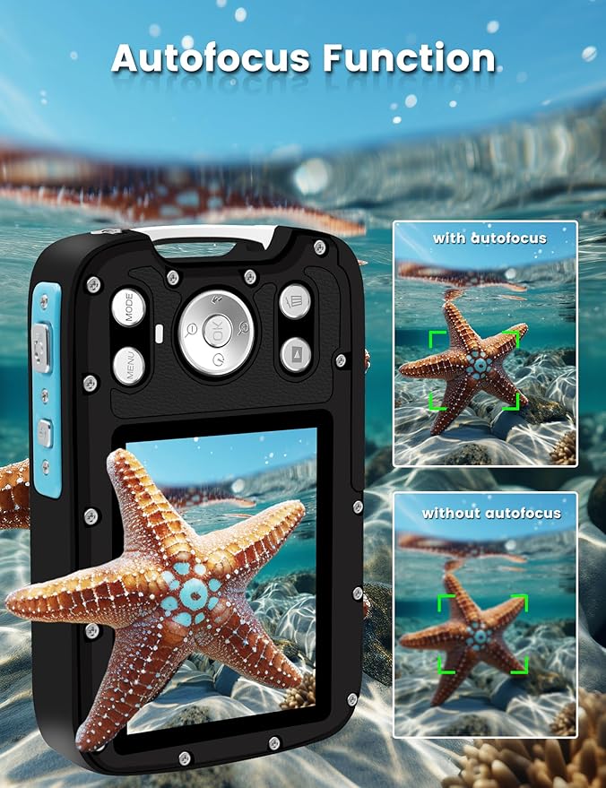 Underwater Camera 4K 48MP Autofocus Selfie Dual Screen Waterproof Camera with Floating Strap and 32GB Card, 17FT Compact Waterproof Digital Camera, Fill Light Underwater Camera for Snorkeling