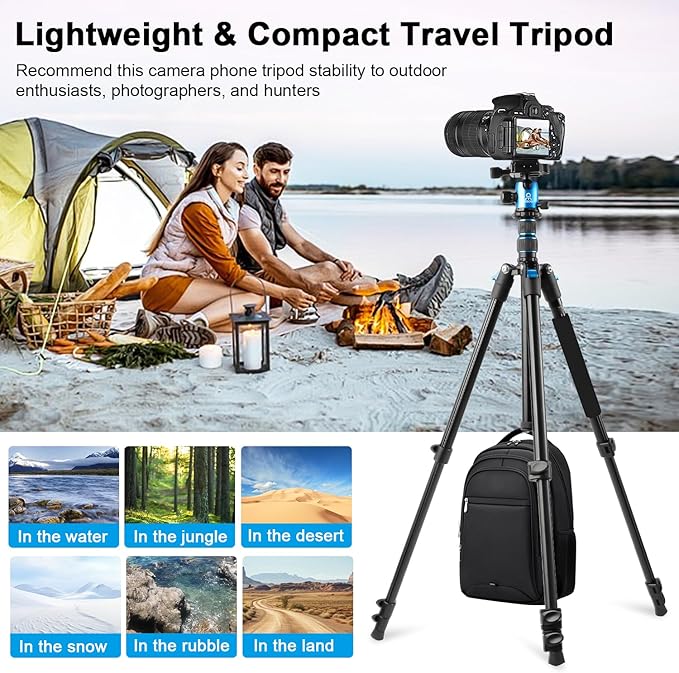 77 inch Camera Tripod Monopod for DSLR, Phone with 360° Panoramic Ball Head Detachable,2 QR Plate, Compact Foldable Aluminum Lightweight Travel Tripod, Bag Included for Camera, Phone(Blue)