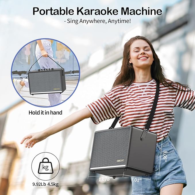 Portable Bluetooth Speaker with 2 Wireless Mics | 70W Peak Deep Bass Birchwood Cabinet | Bluetooth PA System for Outdoor Camping, Backyard| Dynamic LED Lights, USB/AUX/OTG, Rechargeable Battery(Black)