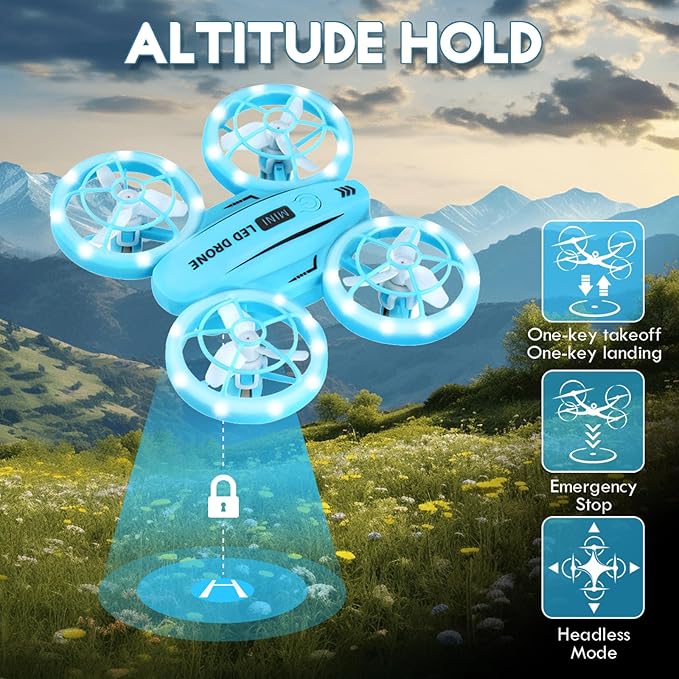 Mini Drone for Beginner, Colorful LED RC Drone Quadcopter with Headless Mode, 360 Flips, Altitude Hold, 3 Speeds Mode,Full Propeller Protect, Gifts for Teen Adults,Blue