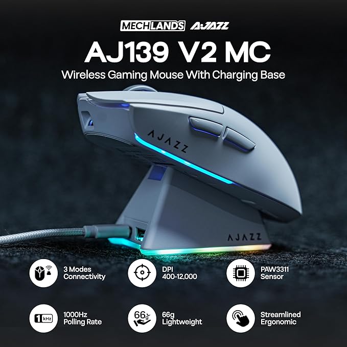 AJAZZ AJ139 V2 MC Gaming Mouse with Charging Base, Adjustable 12,000 DPI, PAW3311 Sensor, 3 Modes Wireless Mouse, 500mAh Battery, 1000 Polling Rate, 66g Lightweight, Win/Mac (White)