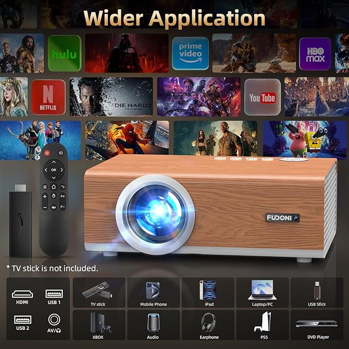 [Electric Focus/4K Support] Projector with WiFi 6 and Bluetooth 5.4, Highlight Native 1080P Outdoor Movie Projector, FUDONI Home Theater Auto 6D Keystone & Max 300"Screen, for iOS/Android/TV Stick
