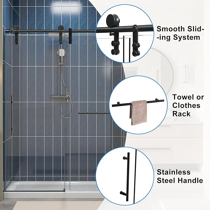56-60" W x 76" H Frameless Shower Door Bathroom Sliding Shower Door 5/16"(8mm) Thick Tempered Glass Shower Door with Double Stainless Steel Handles for Walk-in Shower, Matte Black