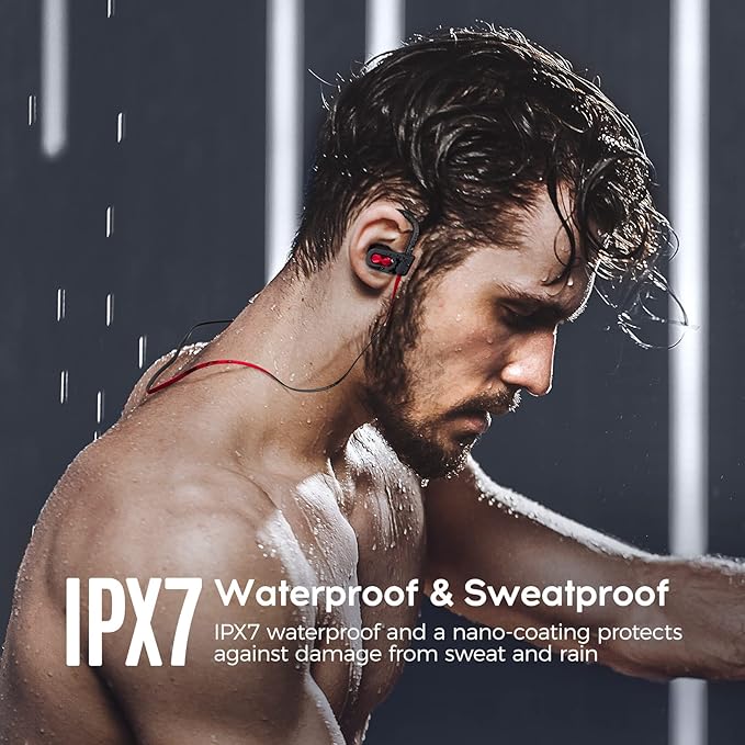 Sport Bluetooth Headphones with Microphone, 16H Deep Bass Running Headphones Wireless, IPX7 Waterproof Wireless Earbuds with Ear Hooks, CVC 6.0 Noise Cancelling Earbuds for Calls, Red