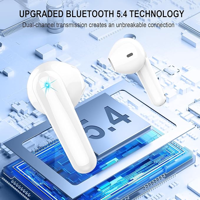 Wireless Earbuds, Bluetooth 5.4 Headphones, 48H, Stereo Ear Buds, LED Display Earphones with Mic, IP7 Waterproof In EarBud, Comfort Fit, Bluetooth Earbuds for Phone Android iOS, Sport, Walk, White