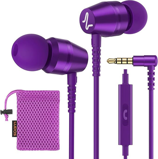 LUDOS OMNITONE Wired Earbuds in-Ear Headphones, 5 Years Warranty, Earphones with Microphone, 3.5 mm Jack Corded Ear Buds, Videoconference for iPhone, Samsung, Laptop, Kids, School Students - Purple