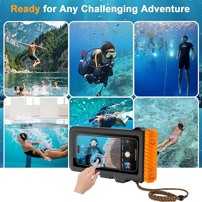 2025 Upgrade Waterproof Phone Case, Diving Snorkeling Swimming Scuba Underwater Touch Screen Photo Video Housing Cover for 17/16/15/14/13/12/11 Pro Max/XS Samsung Galaxy S25/S24/S23/S22 (Black Orange)