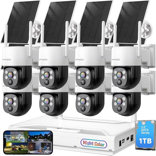 XMARTO Night Color Wire-Free Solar Home Security Camera System with Pan Tilt and Zoom，8-Set CCTV Cameras Kit with 4K 10CH Expandable WiFi NVR