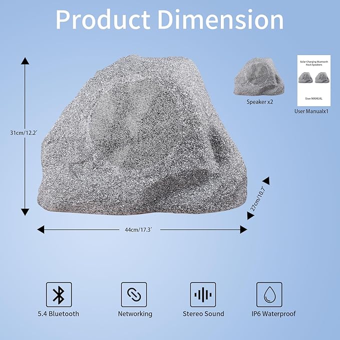 8" 5.4 Bluetooth Outdoor Rock Speakers, 650 Watt IPX6 Waterproof Wireless Multi-Sync up to 200 Speakers Auto-Pairing Auracoast Networking Tech for Backyard Garden(Pair, Gray) (8 inch)