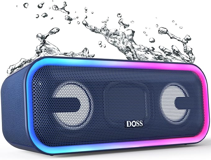 DOSS SoundBox Pro+ Bluetooth Speaker with 24W Impressive Sound, Booming Bass, IPX6 Waterproof, 15Hrs Playtime, Wireless Stereo Pairing, Mixed Colors Lights, 66 FT- Blue