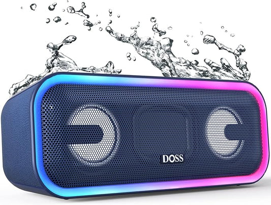 DOSS SoundBox Pro+ Bluetooth Speaker with 24W Impressive Sound, Booming Bass, IPX6 Waterproof, 15Hrs Playtime, Wireless Stereo Pairing, Mixed Colors Lights, 66 FT- Blue