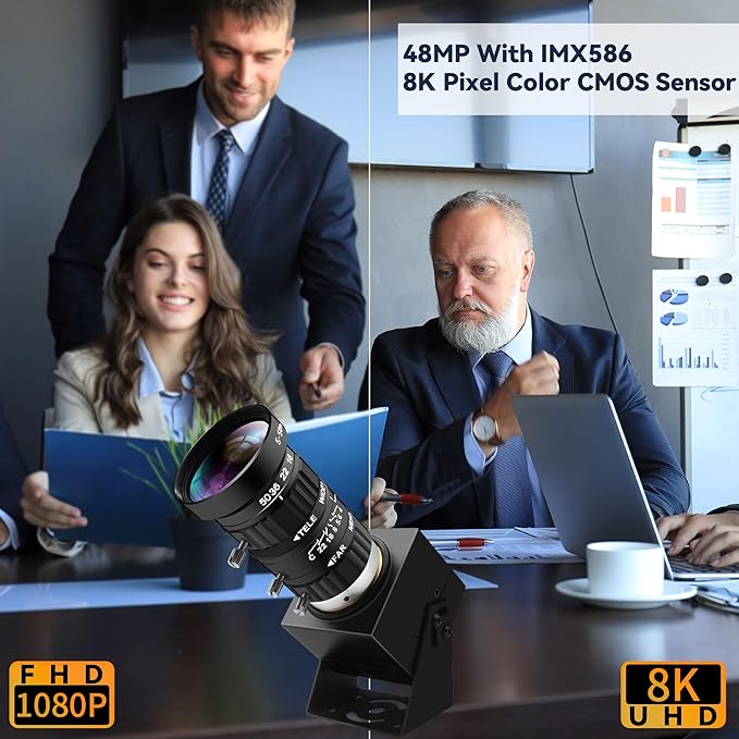 48MP USB Webcam 8K Ultra HD Color Camera with 5-50mm 10X Manual Optical Lens 6000P Industrial Security Video Camera Close-Up Zoom Function Plug-and-Play for Windows, Linux, Mac OS