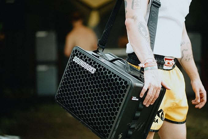 SOUNDBOKS Go - Portable Bluetooth Speaker - USB-C Charging Battery - Compact Performance Speaker for On The Go - Splash and Shockproof - 40 Hours Battery Life - 121 dB (Black)