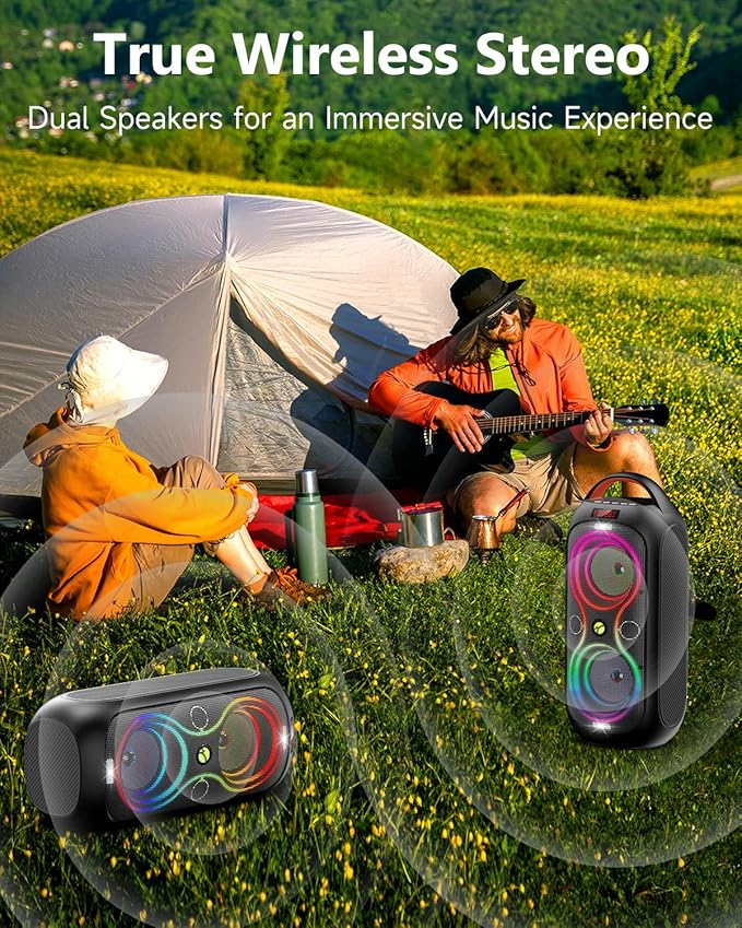 Portable Bluetooth Speaker 120dB Loud Sound, Wireless Big Party Speakers with RGB LED Lights, Dual 4" Speakers, FM Radio, USB, TF Card, AUX, Mic Input, TWS Pairing for Outdoor & Camping, Rechargeable