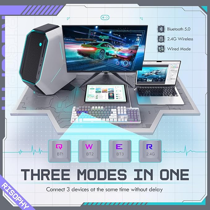 Wireless Mechanical Keyboard, Triple Mode 2.4G/USB-C/Bluetooth Gaming Keyboard, 104 Keys Programmable, Customize RGB Backlit, Red Switch, Bicolor PBT Keycaps, Rechargeable Wired for Laptop PC