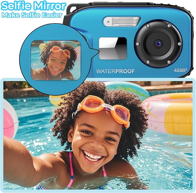 Underwater Camera 16FT Waterproof for Kids Waterproof Digital Camera for Snorkeling Swimming Autofocus 1080P Portable with Rechargeable Batteries, Sling, Blue