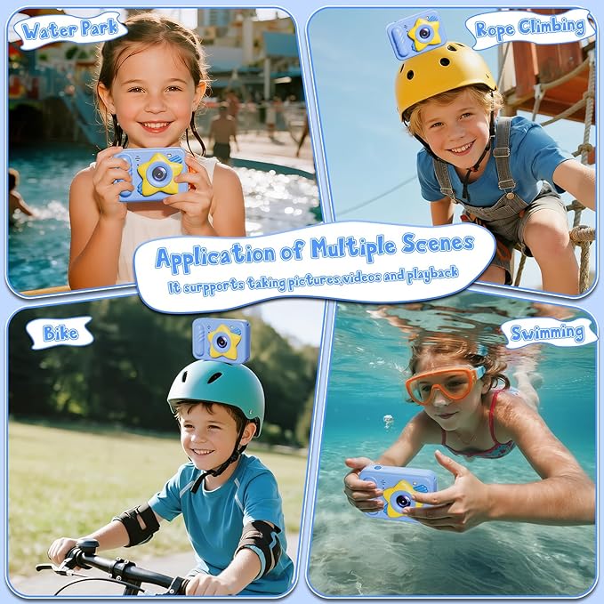 Underwater Camera, 48MP 5FT Waterproof Digital Camera with 32GB Card, Autofocus Floatable Waterproof Camera with HD Screen, 8X Digital Zoom, for Kids Water Park, Swimming (Star Style, Blue)