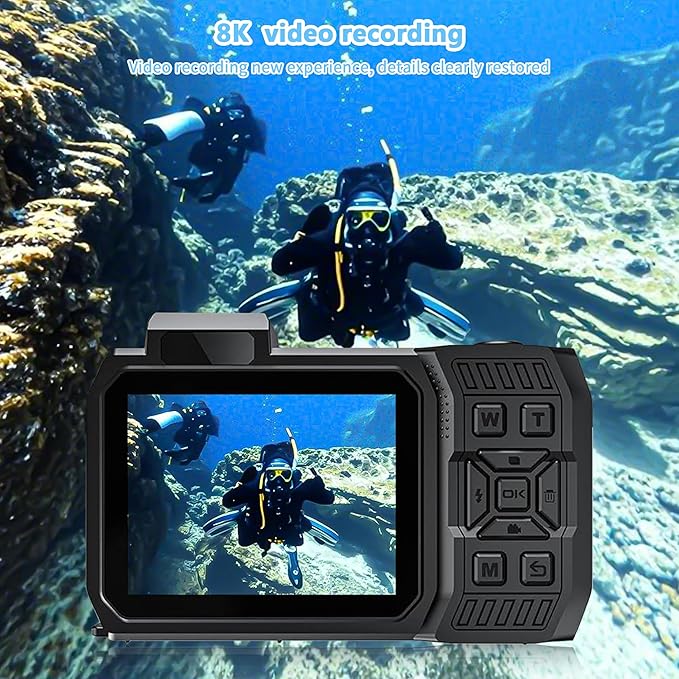 8K Waterproof Digital Camera Snorkeling: 70MP 33FT Compact Rugged Underwater Camera HD Dual-Screen with 18X Zoom Selfie 64GB Card & 2500 mAh Battery for Outdoor Scuba Diving Fishing Swimming Black