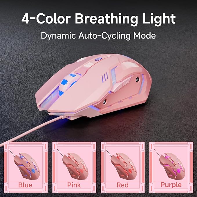 EWEADN G3 Wired Gaming Mouse, 2400 DPI Wired Optical Mouse with 6 Programmable Macro Buttons, Metal Base, 4-Color Breathing Light for PC/Laptop/Windows-Pink