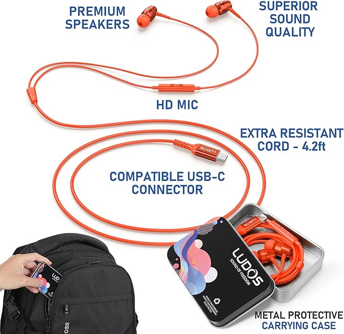LUDOS OMNITONE USB C Headphones for iPhone 16 15 Pro Max Plus iPad Pro, 5 Years Warranty, USB-C Earbuds for Galaxy S24 S23 Ultra S22 S21 S20 A55 A54 A53, USB Type C Earphones - Coral