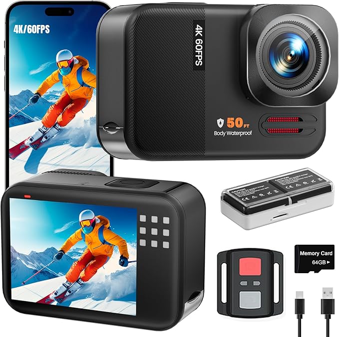 4K 60FPS 48MP WiFi Action Camera with Touch Screen, 50FT Underwater Waterproof Camera, No Case Needed, EIS Motorcycle Camera, 8X Zoom, 64GB Card, Remote Control, Batteries & Mounting Kits
