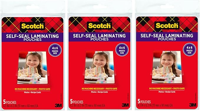 Scotch Self-Sealing Laminating Pouches, 4 x 6 Inches, 3-Pack of 5 Pouches – No Machine Needed, Clear, Photo Safe