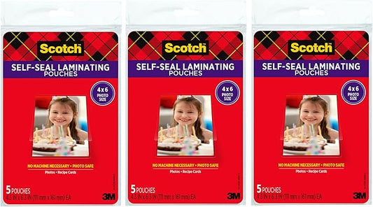 Scotch Self-Sealing Laminating Pouches, 4 x 6 Inches, 3-Pack of 5 Pouches – No Machine Needed, Clear, Photo Safe