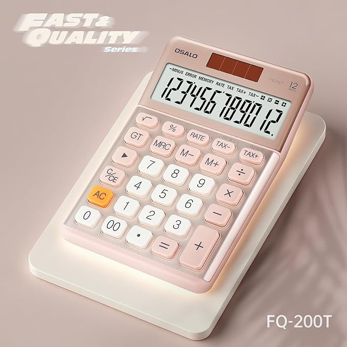 Pendancy Office Small Calculator Desktop with Tax+/- for Tax Calculation, 12 Digit Large LCD Display, Solar Battery Power, Durable Portable Design, Financial Accounting Business Home Use(OS-200T-Pink)