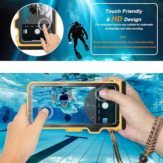 2025 Upgrade Waterproof Phone Case, Diving Snorkeling Swimming Scuba Underwater Touch Screen Photo Video Housing Cover for 17/16/15/14/13/12/11 Pro Max/XS Samsung Galaxy S25/S24/S23/S22 (Yellow Black)