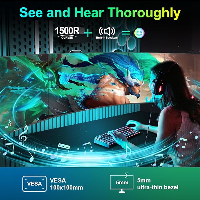 SANSUI Curved Monitor 27 inch 100Hz USB Type-C Computer Monitor with Speakers Built in丨FHD 1080p丨HDR丨110% sRGB丨1500R丨VESA Compatible,for Tablet,Desktop,Laptop and PC Work Gaming