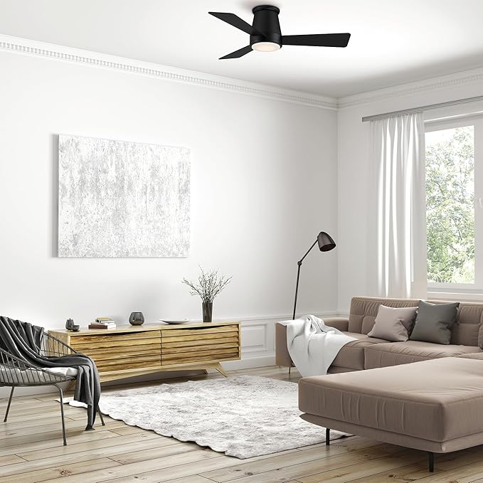 WAC Smart Fans Hug Indoor and Outdoor 3-Blade Flush Mount Smart Home Ceiling Fan 44in Matte Black with 3000K LED Light Kit and Remote Control works with Alexa and iOS or Android App