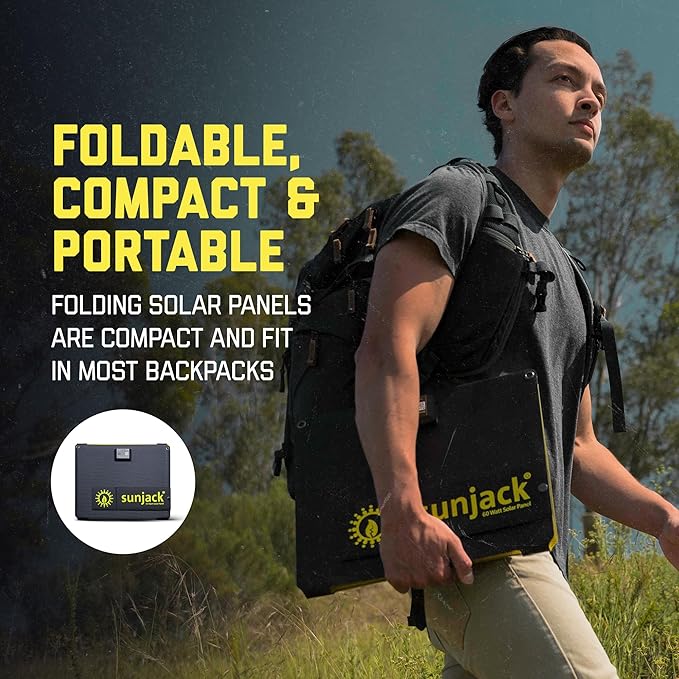SunJack – 60 Watt Foldable Solar Panel, ETFE Waterproof Portable Solar Panel with Kickstands, USB-C PD30W, USB-A QC3.0, DC Output, Solar Panels for Camping, Hiking, Emergency Power