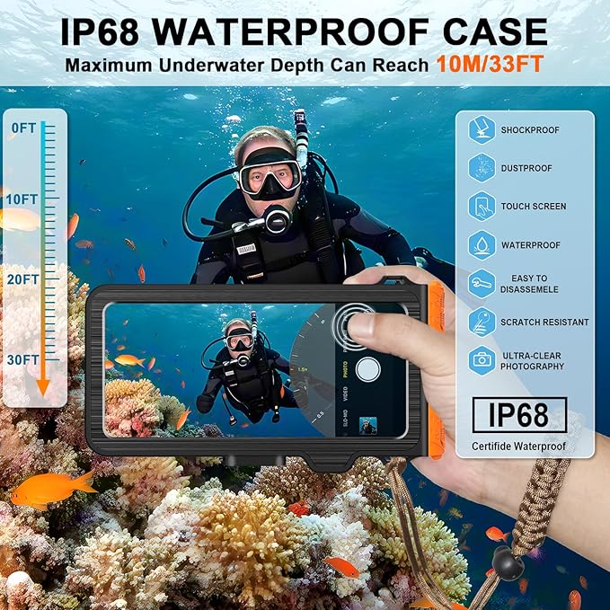 2025 Upgrade Waterproof Phone Case, Diving Snorkeling Swimming Scuba Underwater Touch Screen Photo Video Housing Cover for 17/16/15/14/13/12/11 Pro Max/XS Samsung Galaxy S25/S24/S23/S22 (Black Orange)