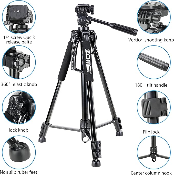 61’’ Camera Tripod,Cell Phone Tripod Stand with Travel Bag and Phone Holder, Professional Travel DSLR Tripods Compatible with Cameras, Cell Phones, Projectors, Webcams, Spotting Scopes