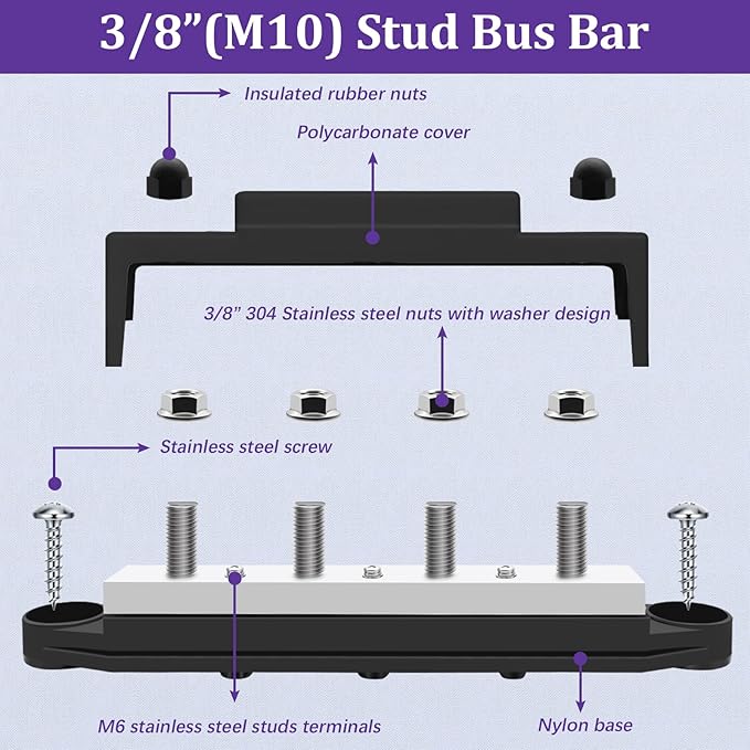 400A 12V Bus Bar Marine Power Distribution Block with Cover with 4 x 3/8”Post 3 x #8 Screws Terminals,Battery Bus Bar (Pair, Red & Black),Automotive Busbars 12 Volt for Car Boat Solar Wiring