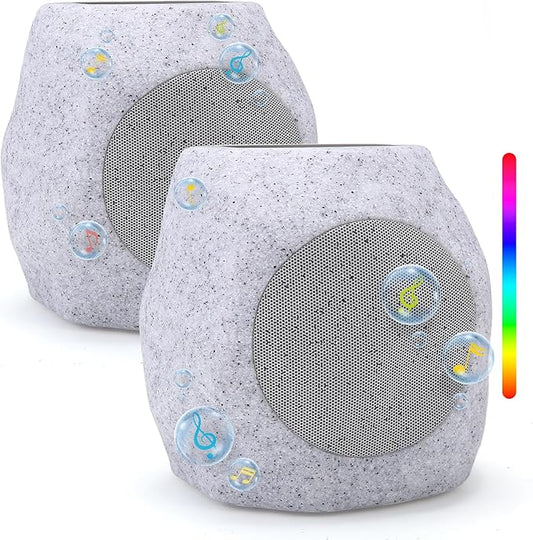 Outdoor Solar Rock Bluetooth Speakers with Colorful Lights, Deep Bass IPX4 Waterproof Speaker, Solar-Powered, TWS Paring, Perfect for Pool Garden and Outdoor Activities - Marble 2 Pack
