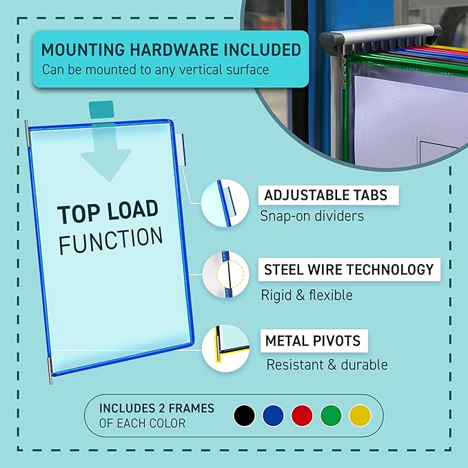 Tarifold DJOIS Wall Mount Reference System – 10 Double-Sided Display Pockets – Letter Size – Steel Wire Frame – Adjustable Tabs – Made in France - Assorted (W291)