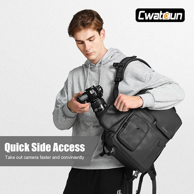 Cwatcun Camera Backpack Waterproof Camera Bag, Multi-Functional Travel Photography Bag Camera Case with 15.6" Laptop Compartment and Tripod Holder for Canon/Nikon/Sony SLR/DSLR/Mirrorless Camera