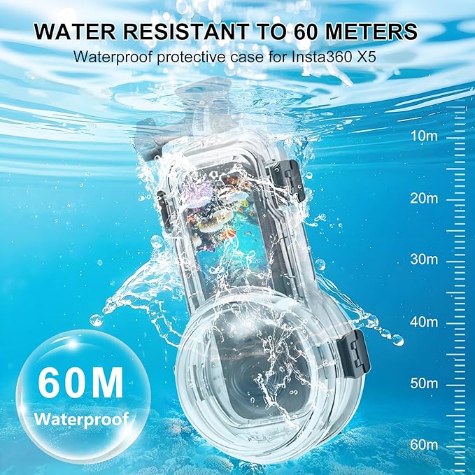 60M/196FT Invisible Diving Case for Insta360 X5 Underwater Waterproof Case Housing Shell for Insta 360 x5 Action Camera Protective Cover Accessories for Diving Surfing Swimming Skiing