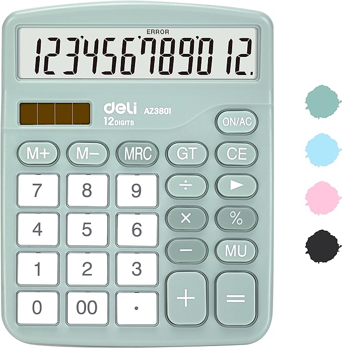 Calculator, Deli Standard Function Desktop Calculators with 12 Digit Large LCD Display and Sensitive Button, Solar Battery Dual Power Office Calculator, Green