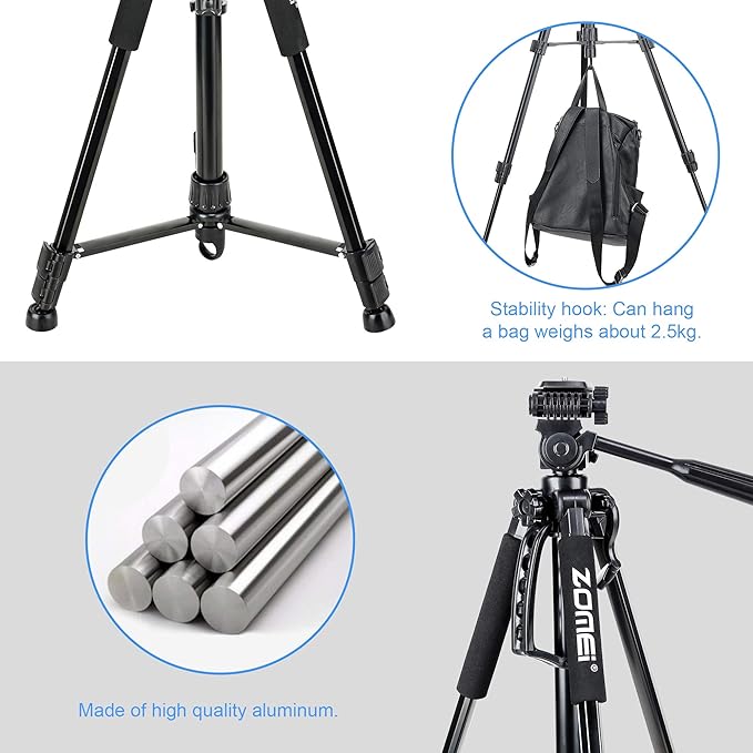 61’’ Camera Tripod,Cell Phone Tripod Stand with Travel Bag and Phone Holder, Professional Travel DSLR Tripods Compatible with Cameras, Cell Phones, Projectors, Webcams, Spotting Scopes