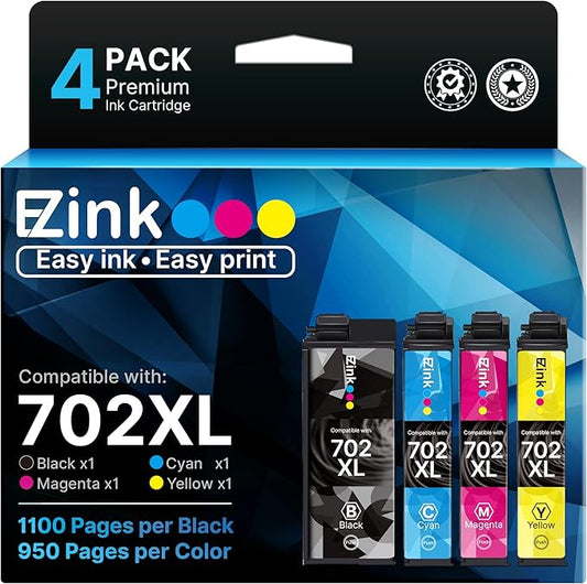 E-Z Ink 702XL Ink Cartridges High Yield Remanufactured for Epson 702 XL 702XL T702XL T702 to use with Epson Workforce Pro WF-3720 WF-3730 WF-3733 (1 Black, 1 Cyan, 1 Magenta, 1 Yellow, 4 Pack)