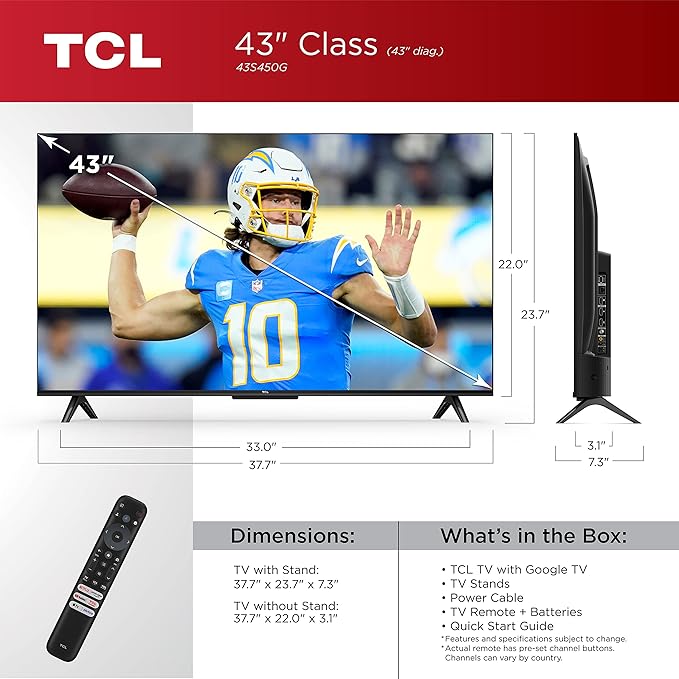TCL 43S450G 43" S4 4K LED Smart TV with Google TV (2023 Model) Dolby Vision, HDR Pro, Dolby Atmos, Google Assistant Built-in with Voice Remote TV (Renewed)