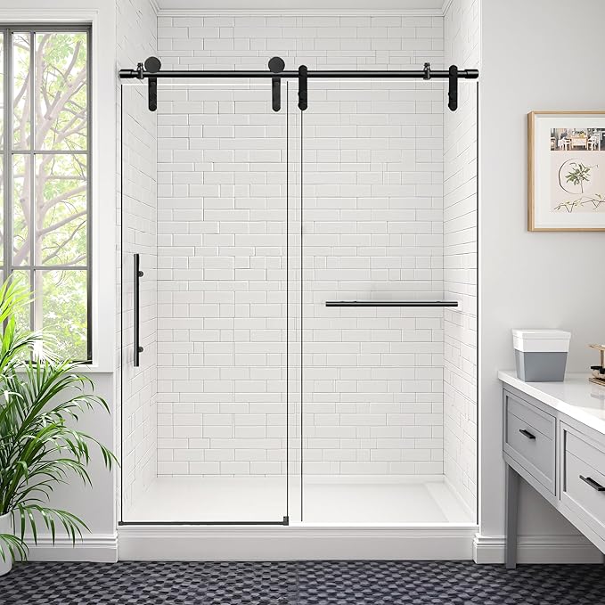 56-60" W x 76" H Frameless Shower Door Bathroom Sliding Shower Door 5/16"(8mm) Thick Tempered Glass Shower Door with Double Stainless Steel Handles for Walk-in Shower, Matte Black